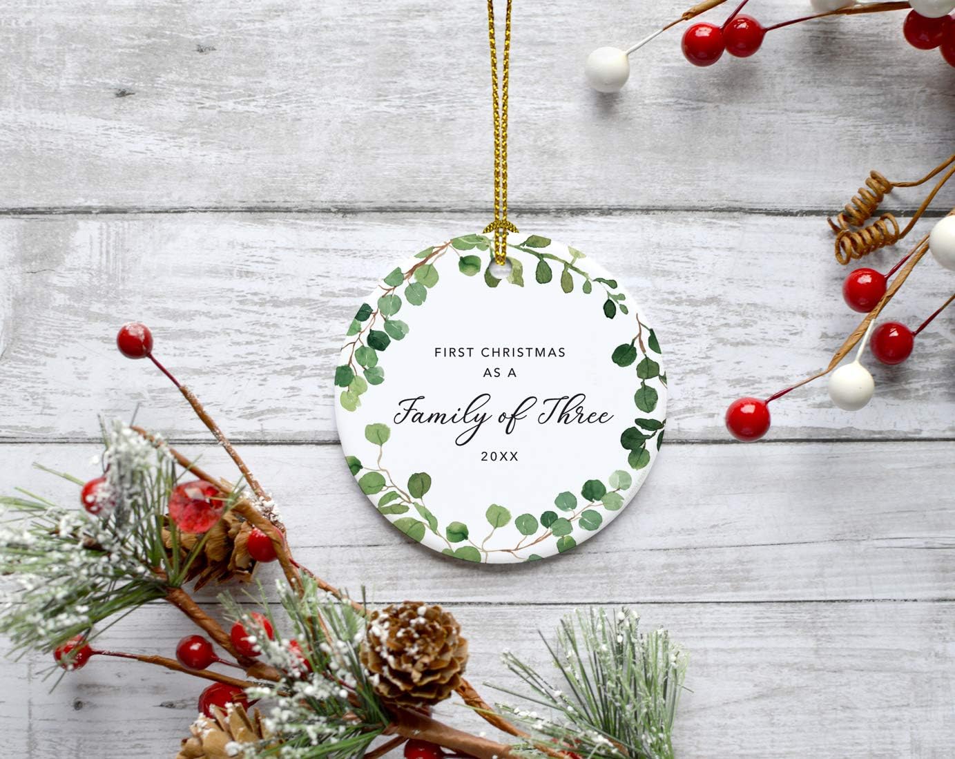 Andaz Press Custom Year Round Ceramic Porcelain Christmas Tree Ornament Keepsake Collectible Gift, First Christmas as a Family of Three 2025, Farmhouse Eucalyptus Wreath, 1-PackNew