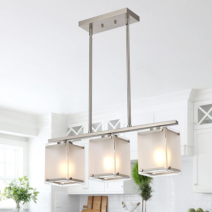 Kitchen Island Lighting, 3-Light Dining Room Light Fixture with Frosted Glass Shade Linear Chandelier Pendant Lighting Over Table for Dining Table Kitchen Island, Adjustable Height