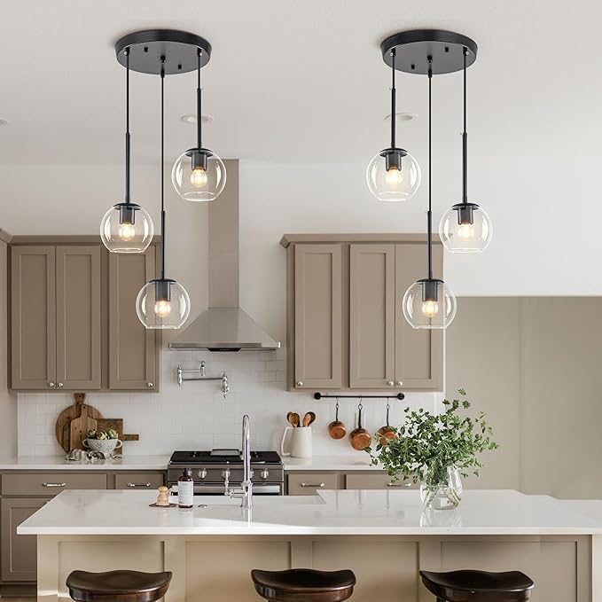3-Light Black Modern Cluster Pendant Light, Adjustable Height Glass Globe Hanging Chandelier, E26 Base Ceiling Light Fixture for Kitchen Island Dining Room Living Room