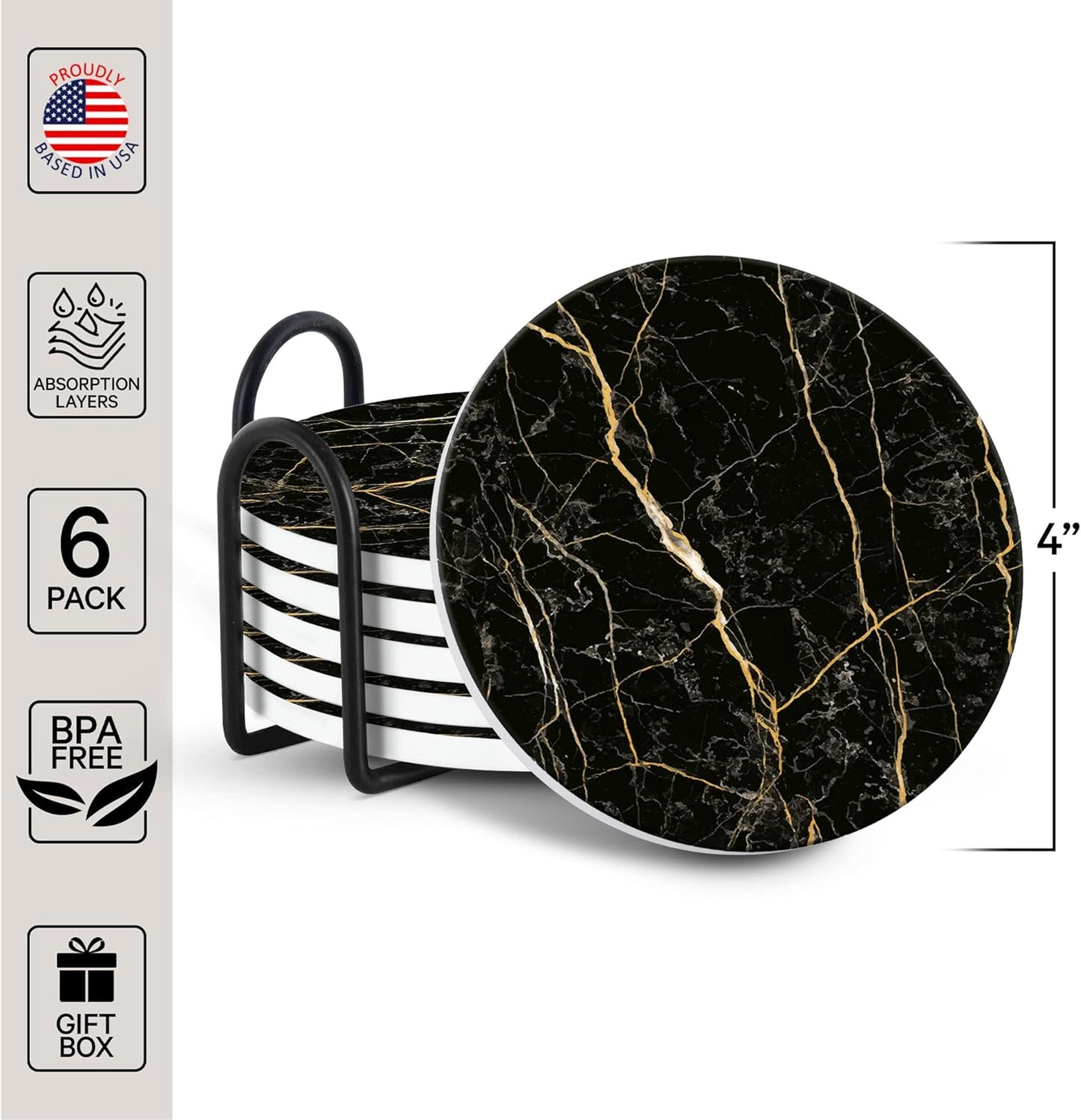 Emerson Coasters for Drinks Absorbent – Natural Stone Drink Saucers Set with Holder, Coasters for Coffee Table, Wooden Tabletop Protection Marble Style – 100% Heavy Duty Set of 6 (Streak)