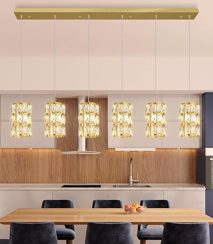 6-Lights Rectangle Modern Crystal Pendant Lights for Kitchen Island LED Dimmable Glam Pendant Lighting Chandelier for Dining Room Hallway Corner Lamp Gold