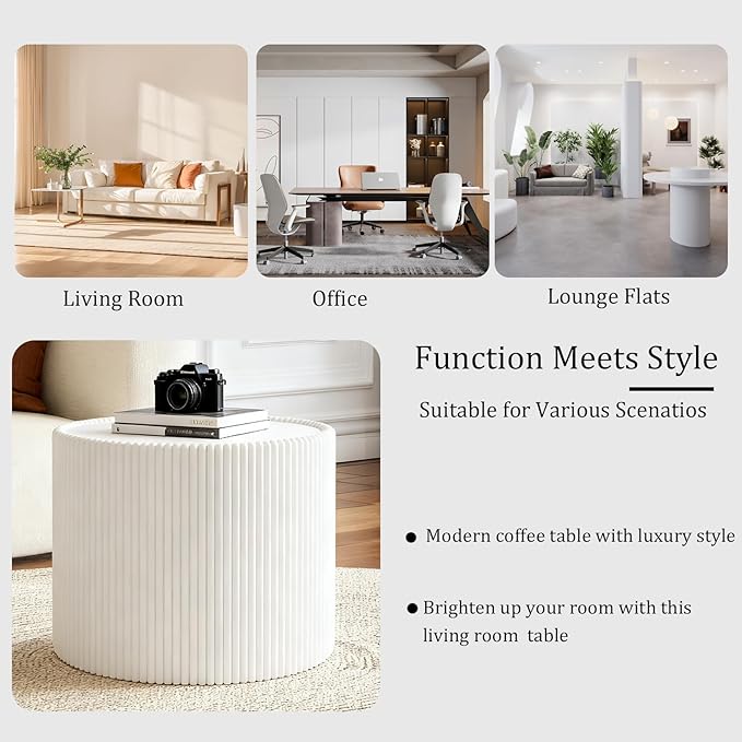 Round Living Room Table Set, 29.52" Grey Drum Center Table and 17.71" White Coffee Table Set, 2 Pieces Coffee Table Set with Sintered Stone Tabletop, Fluted PU Leather Covered and StableBase