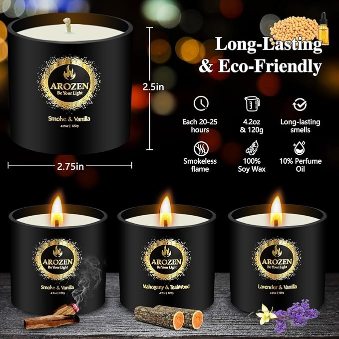 Christmas Candles, 3 Pack Scented Candle for Men, Soy Holiday Gifts Set, Aromatherapy Black Candles for Home Scented, Gifts for Men, Scent of Lavender, Mahogany Teakwood & Smoke Vanilla, 70H