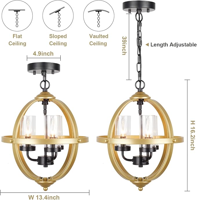 Treekee Rustic Chandelier, 14" Gold Glass Cover Luxurious Hanging Light, 3-Light Globe Vintage Pendant Ceiling Light Fixtures for Living Room Entryway Dining Room