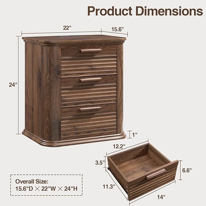 Okvnbjk 22" Wide Fluted Nightstand with Charging Station, Modern End Table for Living Room, Bedroom, Home Office, Wood Curved 3 Drawer Dresser, Large Bedside Tables, Dark Walnut