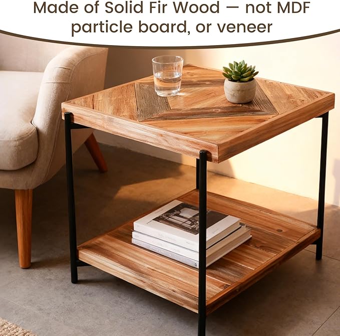 CONSDAN StoneCreek Solid Fir Wood Side Table - Metal Frame, 2-Tier End Table for Living Room/Bedroom/Office, 23" Square Night Stand, Accent Table