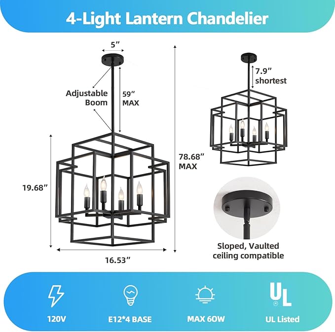 WJShome 16.5" Black Chandelier, 4-Light Farmhouse Foyer Lighting Fixtures, Modern Industrial Ceiling Lantern Pendant Light Large Chandeliers for High Ceilings, for Dining Room, Entryway, Staircase