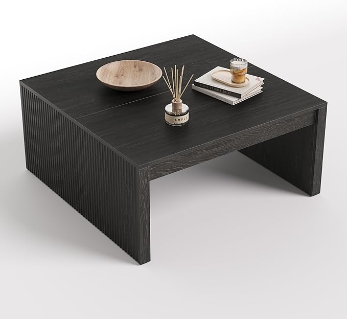 LITTLE TREE Square Coffee Table, 39.4-Inch Fluted Coffee Tables, Mid-Century Modern Center Cocktail Table for Living Room Bedroom, Easy Assembly, Black
