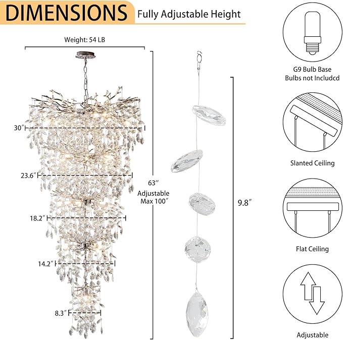 H63" Long Crystal Chandelier for High Ceiling, 28-Light Modern Silver Tree Branch Chandelier, Large Chandeliers for Staircase, Foyer, Entryway, Living Room, 5-Tier Luxury K9 Raindrop Light Fixture