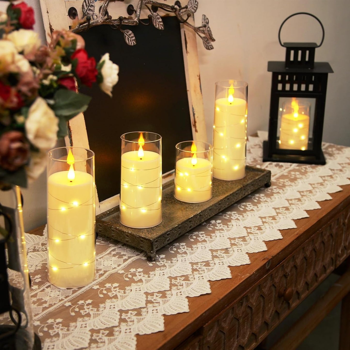 Homemory Flameless Candles with Embedded Star String Fairy Lights, Battery Operated Candles, LED Candle, Fake Candles with Remote Control and Timer, Ivory, Set of 5(H4 5" 6" 8" 8")