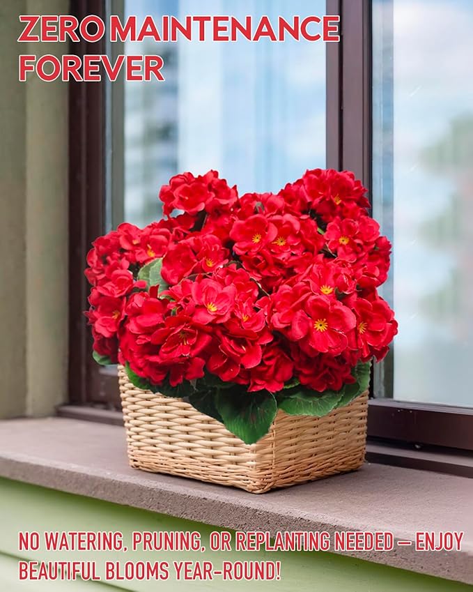 UV Resistant Red Geranium Fake Outdoor Flowers Christmas Decor- 6 Bundles Realistic Silk Artificial Flowers for Outside for Planter Hanging Basket, Faux Plants for Garden Porch Yard Home Décorations