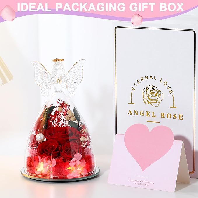 Christmas Rose Gifts for Women Preserved Real Flower in Glass Angel Figurines Roses for Delivery Prime Birthday Gifts for Mom Grandma Girlfriend Wife Her, Red Austin Roses