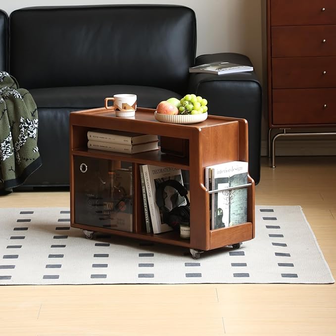 Solid Wood Side Table with Wheels, Narrow Side Table with Storage, Rolling Bedside Table for Bedroom Living Room Dining Room(Teak, 27.95" D x 11.42" W x 19.88" H)