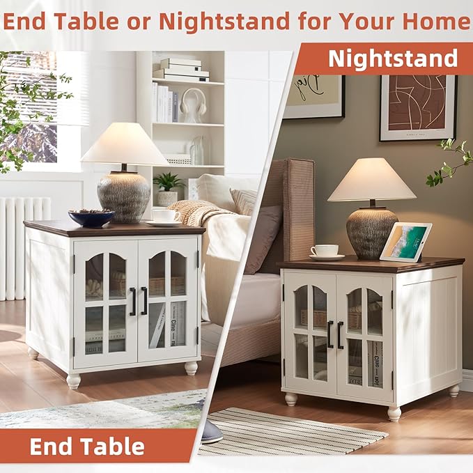 Farmhouse 24" End Table Set of 2 with Charging Station, Large Sofa Side Table with Glass Barn Door,Wood Night Stand with Adjustable Storage Shelf,Square Bedside Table for Living Room,Bedroom
