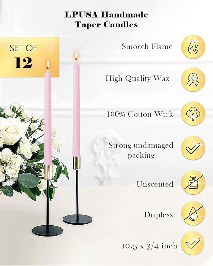 Pink Taper Candles 10.5 inch Pastel Candle Sticks Unscented Driples Tapered Candle Ideal as Dinner Candles Smokeless Long Burning,Set of 12