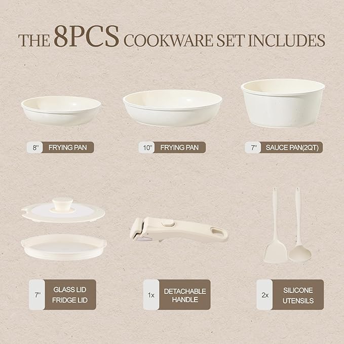 Ceramic Cookware Set Non Stick 8Pcs Pots and Pans Set Detachable Handle Induction Kitchen Cooking Set with Frying Pans Oven Dishwasher Safe, PFAS/PFOA Free, Cream White