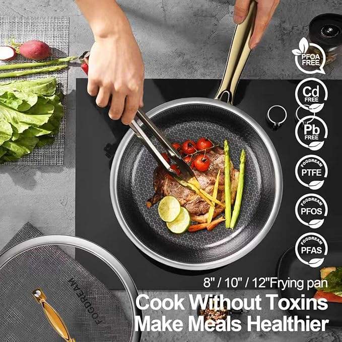 Fogdream 8"10"12" Non Stick Frying Pans Set, Stainless Steel Skillet with Lid, Tri-Ply Stainless Steel for All Cooktops, Dishwasher and Oven-Safe Cooking Pan, Stay-Cool Handle, Gold