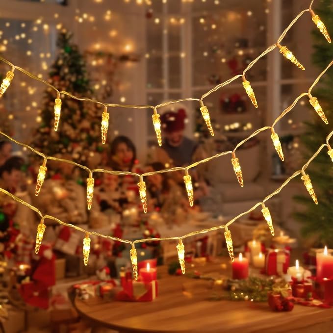 Christmas Icicle Light，19.6ft 40 LED Warm White Icicle String Lights Indoor, Hanging Icicle Christmas Lights for Eave Holiday Garden Indoor Outdoor Xmas Decorations