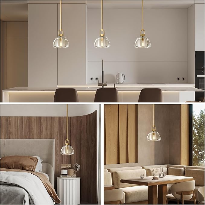 Pendant Light Fixture, 7" Glass Modern Brass Pendant Lights Kitchen Island, Hanging Glass Dome Pendant, Gold Kitchen Pendant Lighting Over Island,E12 Bulb Included