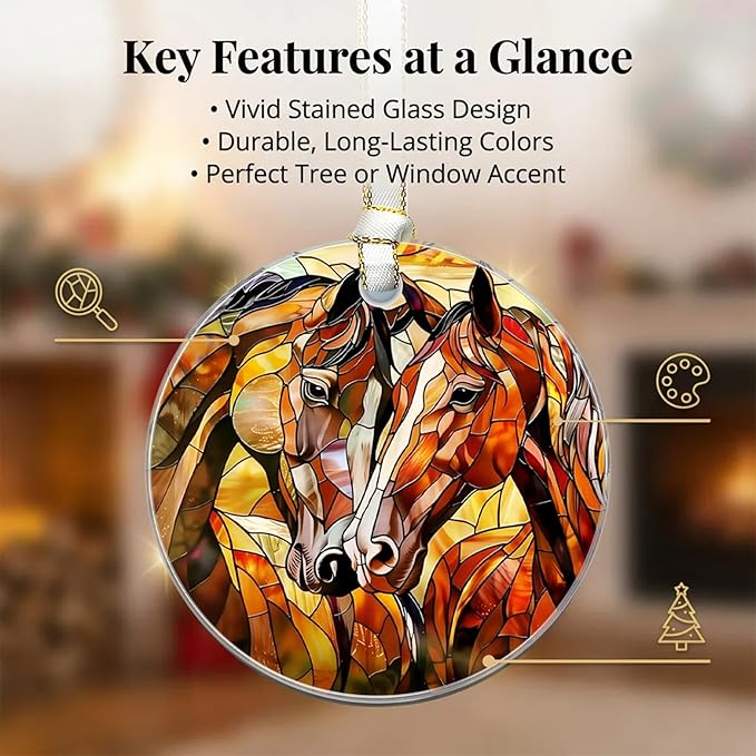 Horse Christmas Ornaments 2025, Stained Glass Christmas Tree Decorations, Exchange for Women, Men, Collectible Dated Year Ornaments for Tree - Glass Hanging Ornament
