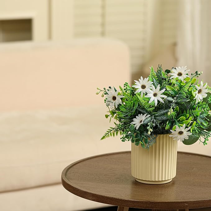 Artificial Flower and Fake Plants in Ceramic Pot,Artificial Plants Indoor, Fake Flowers in Vase for Table Centerpiece Decorations, Faux Plants Flowers Arrangement for Home Office Decoration
