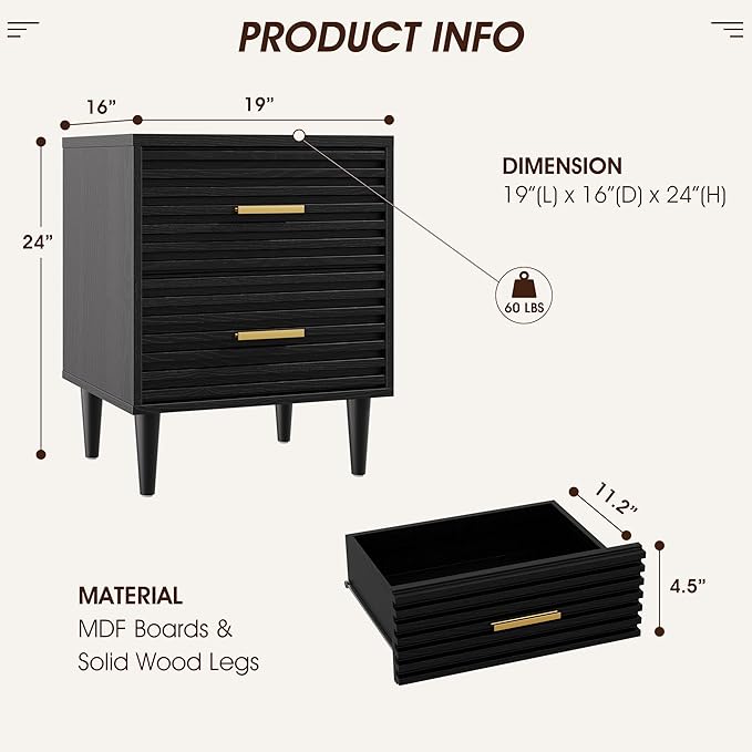 Alohappy Fluted Nightstands Set of 2, Mid Century Bedside Table for Bedroom, End Table with 2 Drawers, Modern Bed Side Table with Storage Vintage Wood Accent Table for Living Room, Black 2pcs