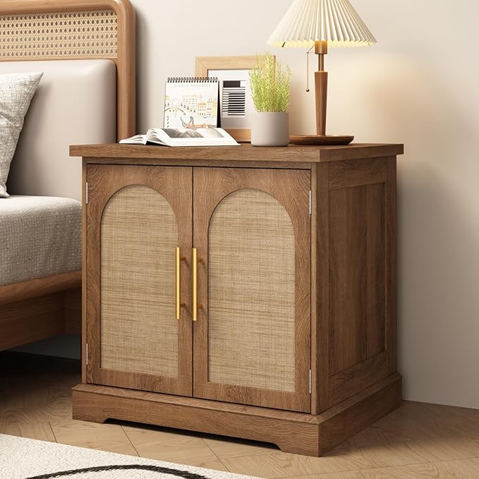 Rattan End Table with Charging Station, 24" Large Sofa Side Table with 2 Arched Doors, Boho Wood Square Nightstand Bedside Tables with Adjustable Storage Shelf for Living Room, Bedroom
