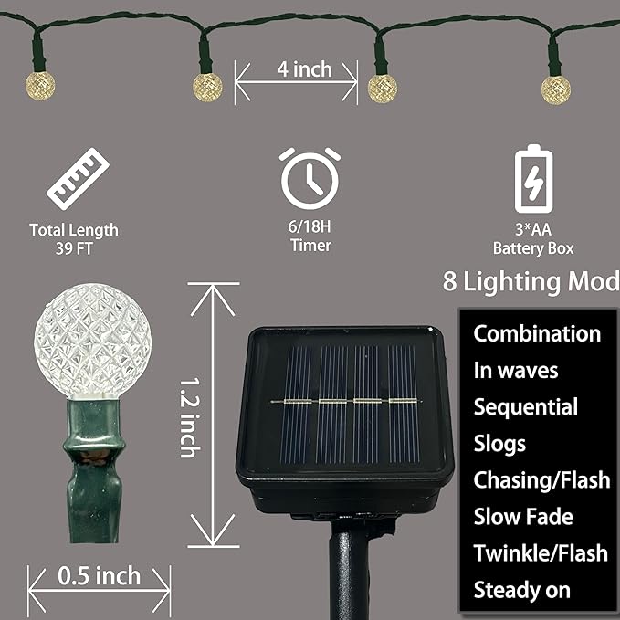 Anycosy Christmas String Lights G3, 100 LEDs Globe Solar Operated Strings Lights Warm White 8 Modes & Timer for Xmas Tree Garden Patio Outdoor Christmas Decorations (G3-100LED-Solar-Warm White)
