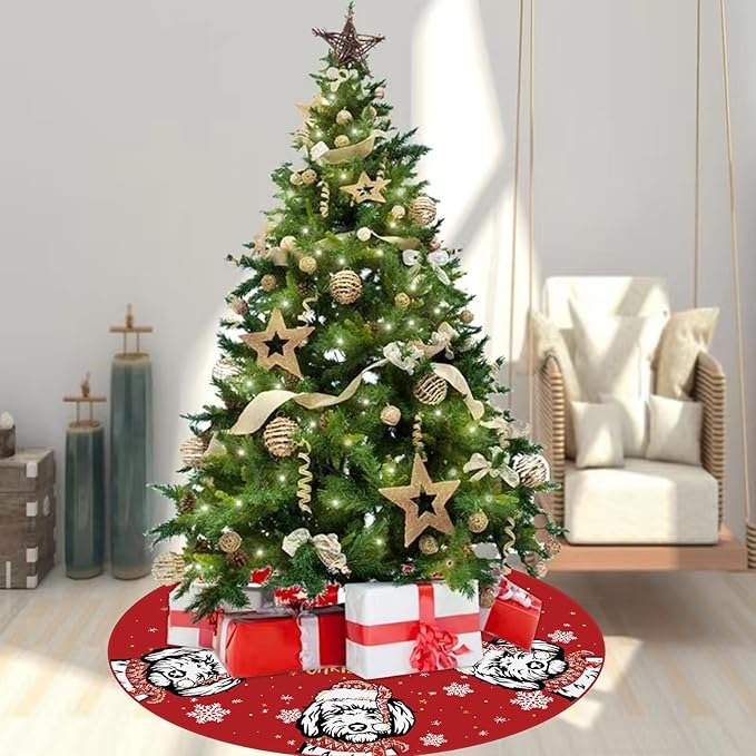 Christmas Tree Skirt Red Tree Skirt Golden Doodle Xmas Winter Tree Skirt 48 Inch for Dog Christmas Indoor Outdoor Decorations