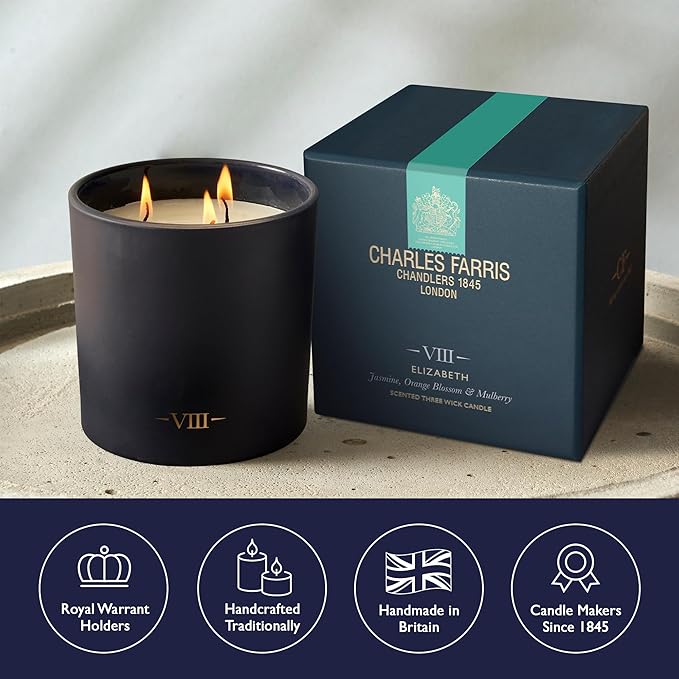 Charles Farris Luxury Scented Candle – 3 Wick, Hand-Poured, Long Lasting, Clean Burning, 640g / 22.5oz, Up to 80 Hour Burn, Made in England – Orange Blossom, Jasmine, Green Mulberry – Elizabeth