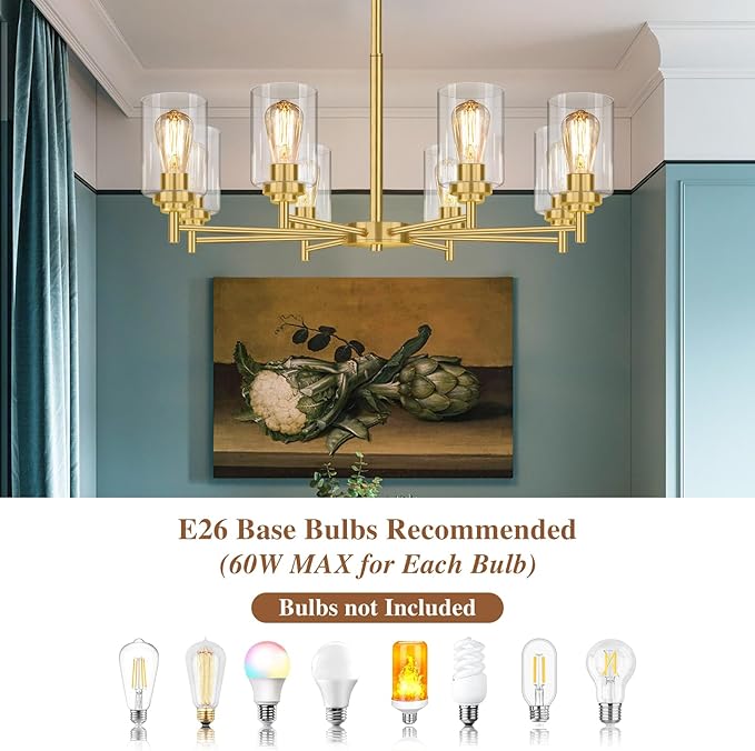 Sucolite 33.5'' 8-Light Chandelier for Dining Room Kitchen Island, Modern Farmhouse Pendant Lighting with Glass Shades Industrial Gold Hanging Ceiling Light Fixture for Living Room, Height Adjustable