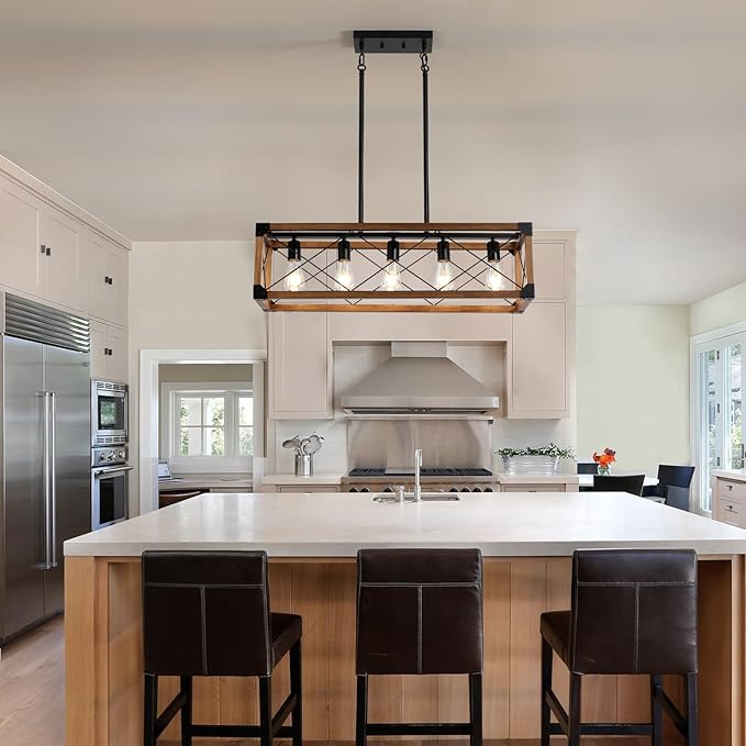 Dining Room Light Fixture, Farmhouse Chandelier, Kitchen Island Lighting, Rustic 5 Light Pendant Chandeliers, Country Wood Island Lights