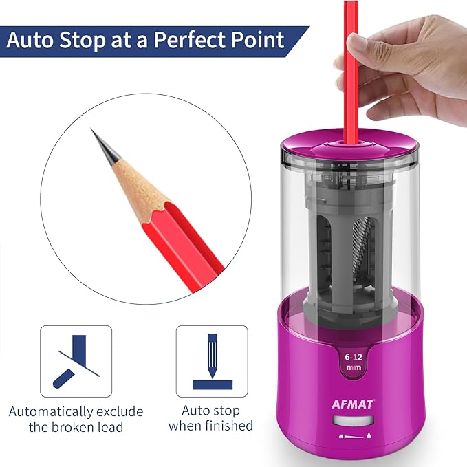 AFMAT Electric Pencil Sharpener for Colored Pencils, Auto Stop, Fast Sharpen in 3s, Large Hole Pencil Sharpener Plug in for 6-12mm No.2/Jumbo Pencils PS91