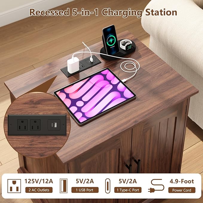 Rustic End Table with Charging Station, 24" Large Sofa Side Table with 2 Arched Doors, Farmhouse Wood Square Nightstand Bedside Tables with Adjustable Storage Shelf for Living Room, Bedroom
