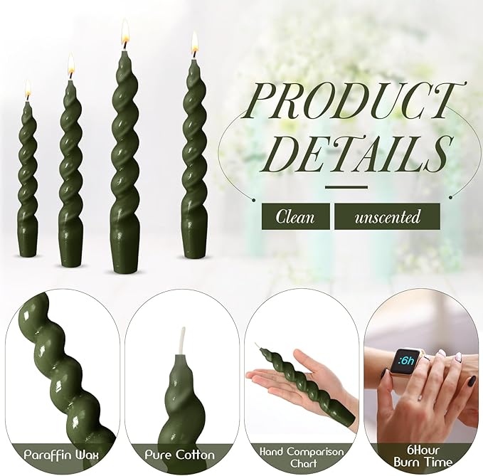 Zhengmy 4 Pcs Olive Green Spiral Taper Candle 7 Inch Twisted Long Wax Dinner Candlestick for Fall Halloween Christmas Holiday Valentines Wedding Birthday Baby Shower Table Decor(Solid)