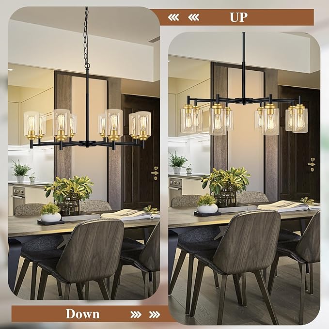 Sucolite 33.5'' 8-Light Chandelier for Dining Room Kitchen Island, Modern Farmhouse Pendant Lighting with Glass Shades Industrial Black Hanging Ceiling Light Fixture for Living Room, Height Adjustable