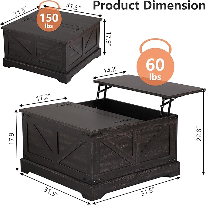 Vintage Storage Coffee Table, Lift Top Coffee Table, Square Center Table, Living Room Tables, Wood Tea Table (Retro Brown)