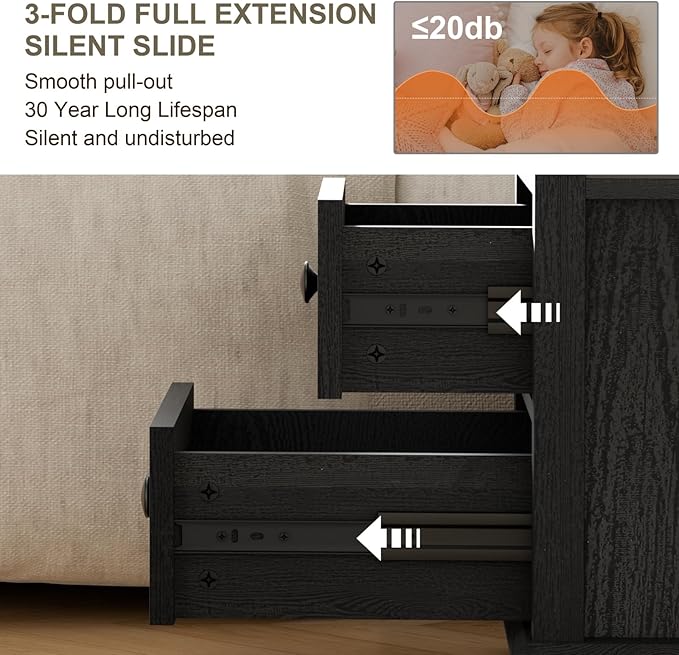 End Table with Fast USB C Charging Station,18" Wide Sofa Side Table with 2 Drawers, Large Storage Rustic Wood Square Storage Cabinet for Living Room, Bedroom, Office, Black