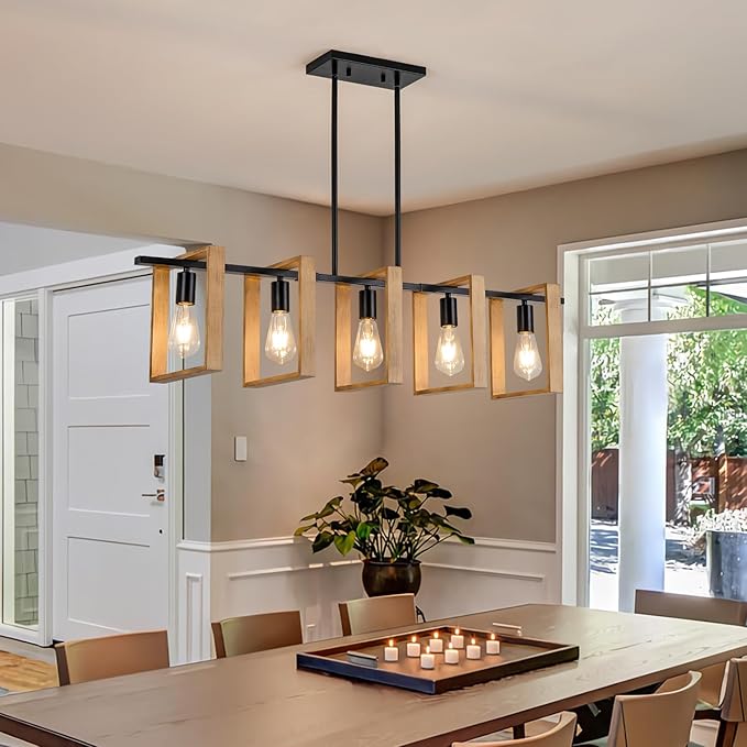 Dining Room Chandelier Farmhouse Kitchen Island Lights Ceiling Hanging 5 Lights Wood and Black Light Fixture Rustic Pendant Lighting 41.3"