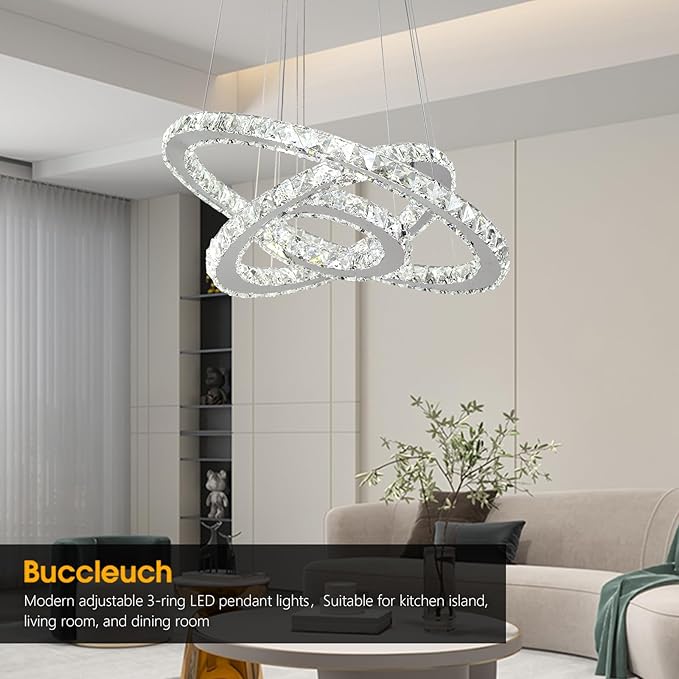 Buccleuch 3-Ring Crystal Chandelier, ETL-Listed Dimmable LED Pendant Light, Slope Ceiling Compatible Stainless Steel K9 Crystal Ceiling Light for Dining Room Bedroom Living Room, 6500K