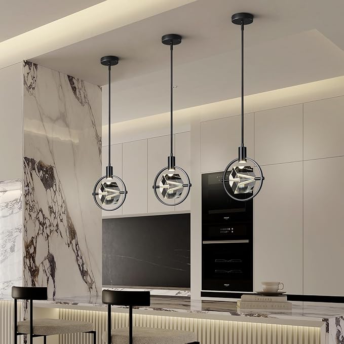Modern Crystal Pendant Light in Black Mini Dimmable Integrated LED Light Fixtures Metal Rod Ceiling Black Chandelier for Kitchen Island Bedroom Dining Room Bar(1-Lights)