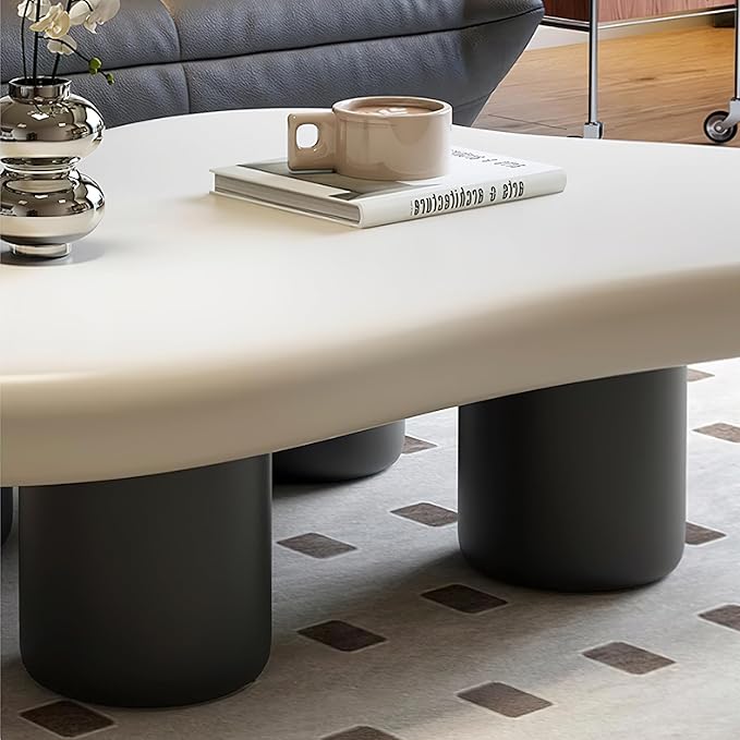 48 Inch Cloud Coffee Table, Modern Coffee Table for Living Room, Large Wood Coffee Side Table with Irregular Tabletop and 4 Sturdy Legs for Home Office Bedroom, White and Black