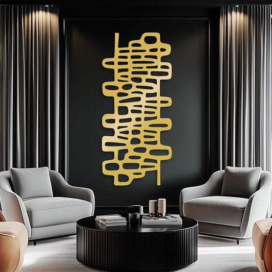 Abstract Geometric Metal Wall Art, Modern Circles Metal Decor, Minimalist Line Art, Long Narrow Sign, Luxury Modern Artwork for Living Room, Farmhouse, Office (Gold, 35"x16" | 90x41cm)
