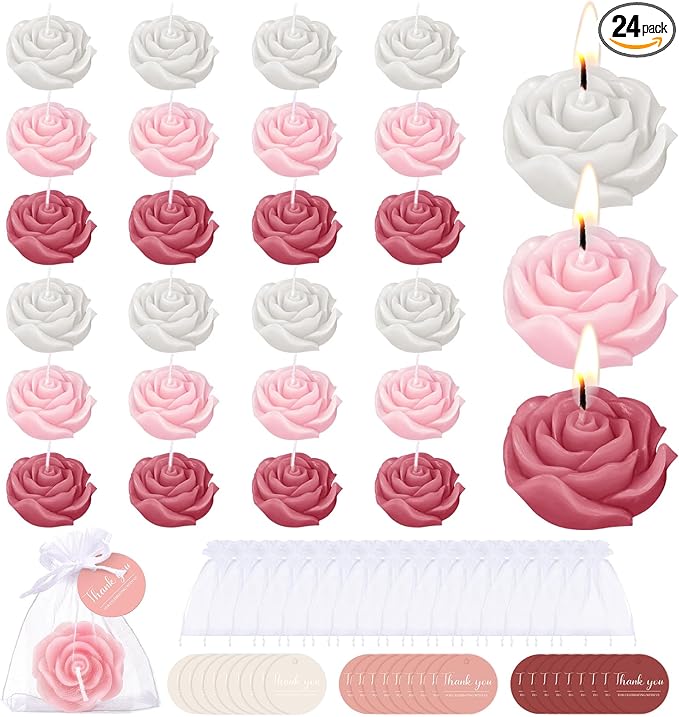 Treela 24 Set Flower Candles Wedding Favor for Guests Mini Dusty Pink Rose Shaped Tealight Candles for Return Gift Wedding Birthday Bridal Shower Housewarming Party