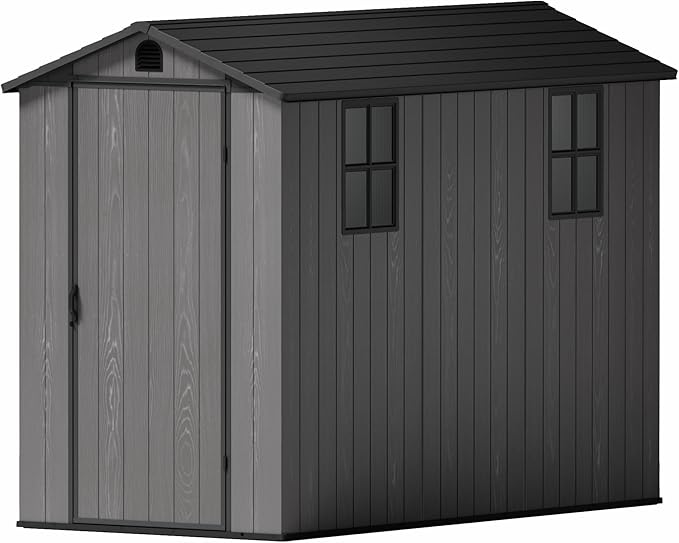Greesum 4x8FT Plastic Storage Shed with Floor, Resin Outdoor Storaged Sheds with Lockable Door, All Weather Durable Tool Shed with Window and Vent, for Garden, Backyard, Patio, Dark Gray