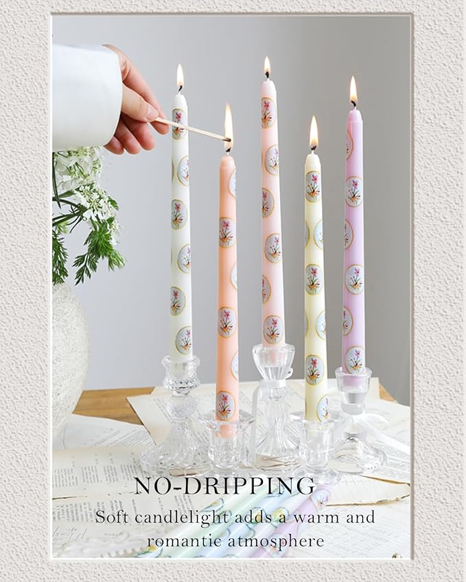 Floral Taper Candle Dripless Colored Tall Candlesticks 10inch Handmade Unscented Long Smokeless Tapered Candle Holiday Party Celebrate-6pcs