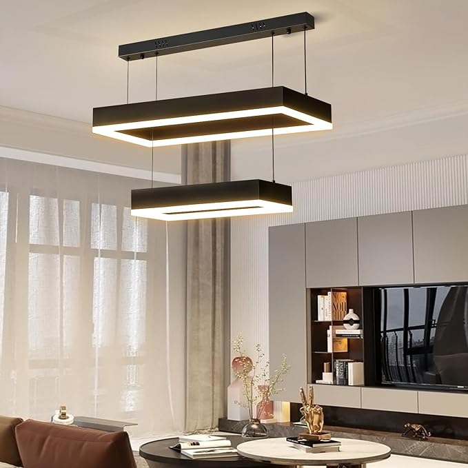 Modern Chandeliers for Living Room, 2-Ring Rectangles Pendant Light Kitchen Island Fixtures, Dimmable LED Chandelier for Dining Room Bedrooms, Black (40CM/60CM)