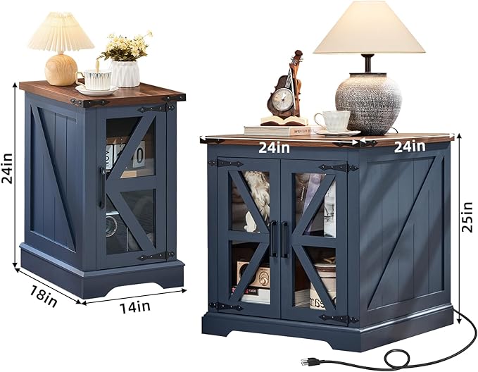 End Tables Living Room Set 3, 18'' Night Stand and 24" Square Side Table with Charger Station, Wood Furniture Sets, Nightstand Bedside End Table for Bedroom