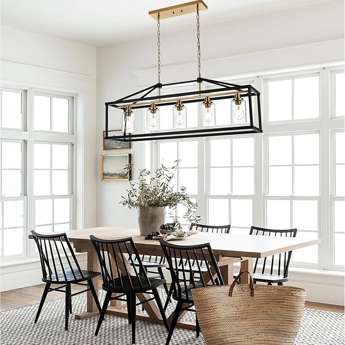 BONLICHT Rectangle 5 Lights Black Modern Dining Room Lighting Fixtures Hanging Over Table, Industrial Brushed Brass Chandeliers Farmhouse Kitchen Island Linear Pendant Light Ceiling with Clear Glass
