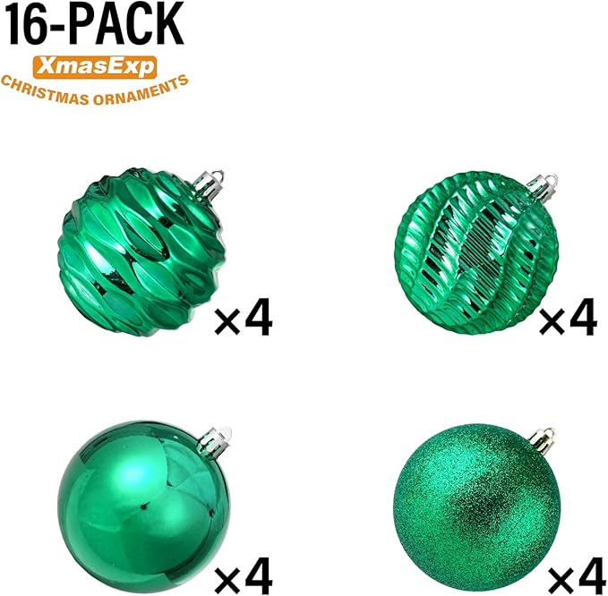 XmasExp 16ct Christmas Ball Ornaments Shatterproof Xmas Tree Hanging Balls Decorations Perfect for Holiday Wedding Christmas Decor (Malachite Green, 3.15")